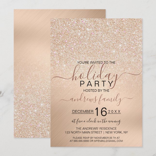 Chic Champagne Gold Glitter Metallic Holiday Invitation (Front/Back)