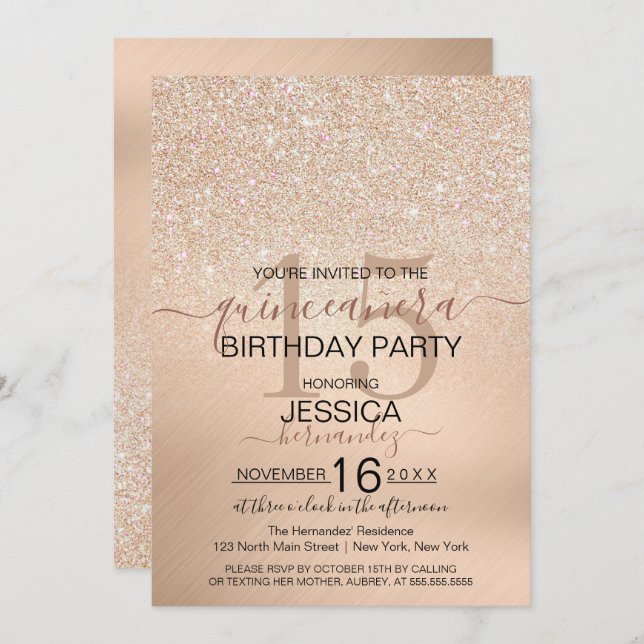Chic Champagne Gold Glitter Metallic Quinceañera Invitation (Front/Back)
