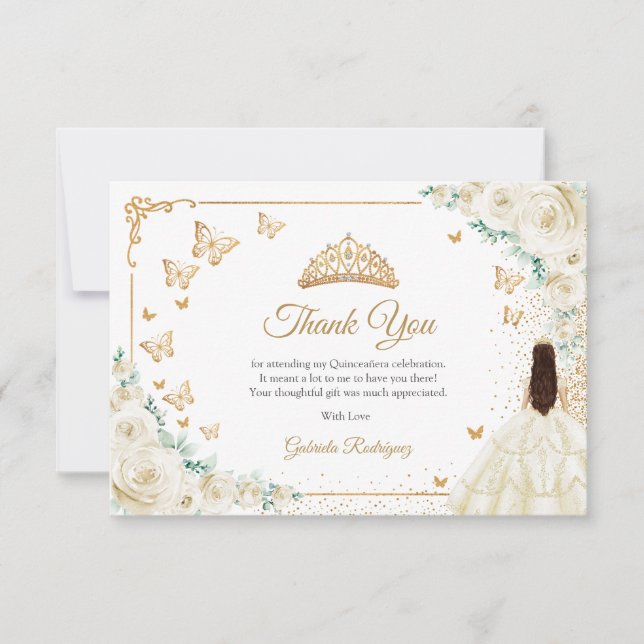 Chic Champagne Ivory Roses Gold Quinceanera Thank You Card (Front)