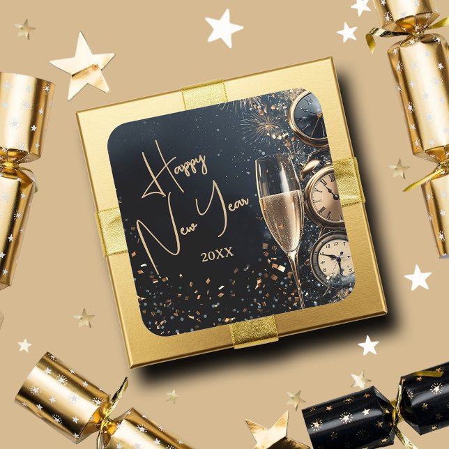 Chic Champagne Time Happy New Year Square Sticker (Champagne Time Happy New Year Square Stickers)