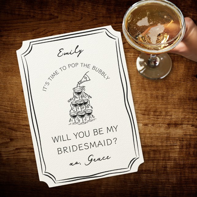 Chic Champagne Tower Bubbly Bridesmaid Proposal Card (Celebrate in style with this chic bridesmaid proposal card featuring a bubbly champagne tower design)
