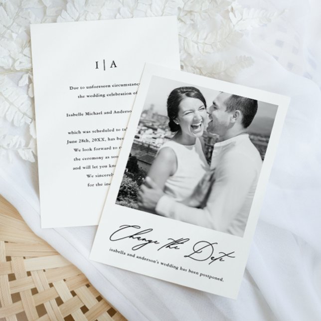 Chic Change the Date Wedding Postponement Photo Announcement (Creator Uploaded)