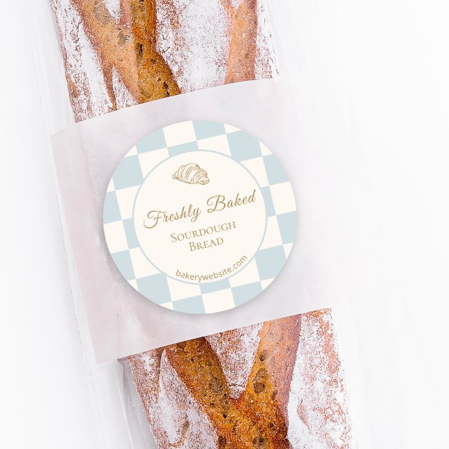 Chic Checkered Blue Croissant Bakery Product  Classic Round Sticker (Creator Uploaded)