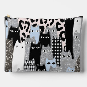 Chic Checkered & Gingham Cat Pattern Patchwork Des Accessory Pouch