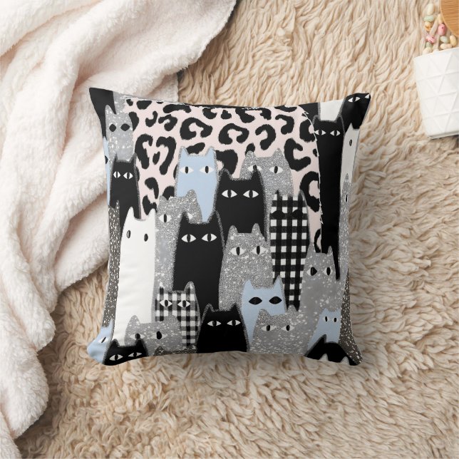 Chic Checkered & Gingham Cat Pattern Patchwork Des Cushion (Blanket)