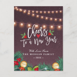 Chic Cheers to New Year Script String Lights Photo Holiday Postcard