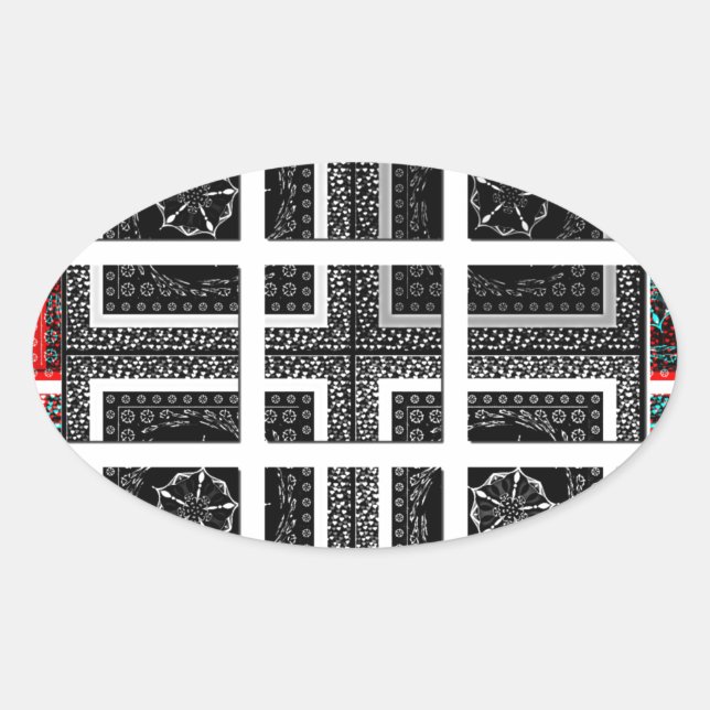 Chic Chequered Black, White & Red Graphics Design Oval Sticker (Front)