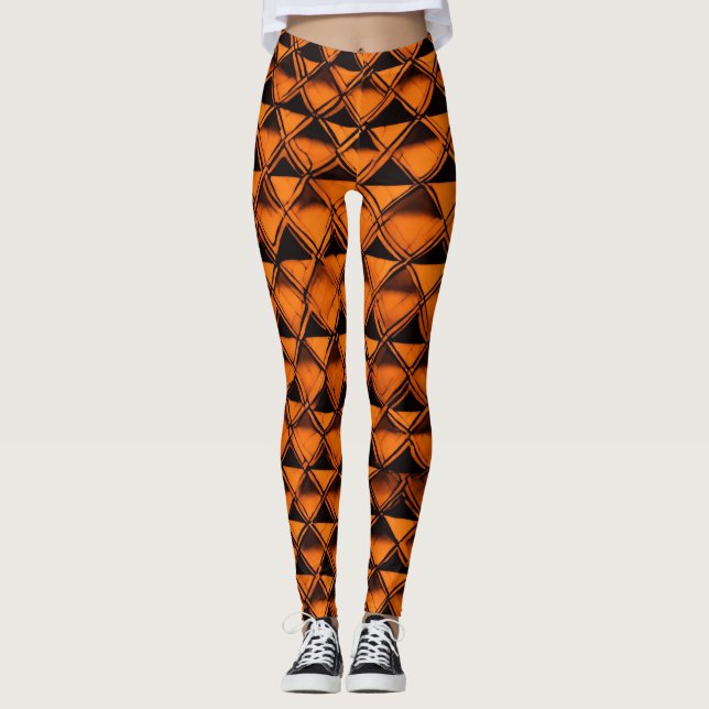 Chic Chequered Fusion: Orange & Black Leggings (Front)