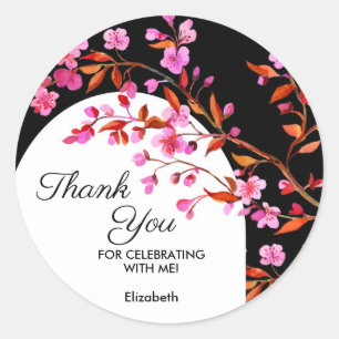 Chic Cherry Blossom Sakura Black White Birthday  Classic Round Sticker