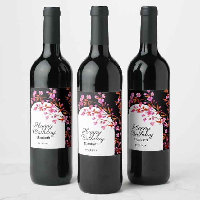 Chic Cherry Blossom Sakura Black White Birthday  Wine Label (Bottles)