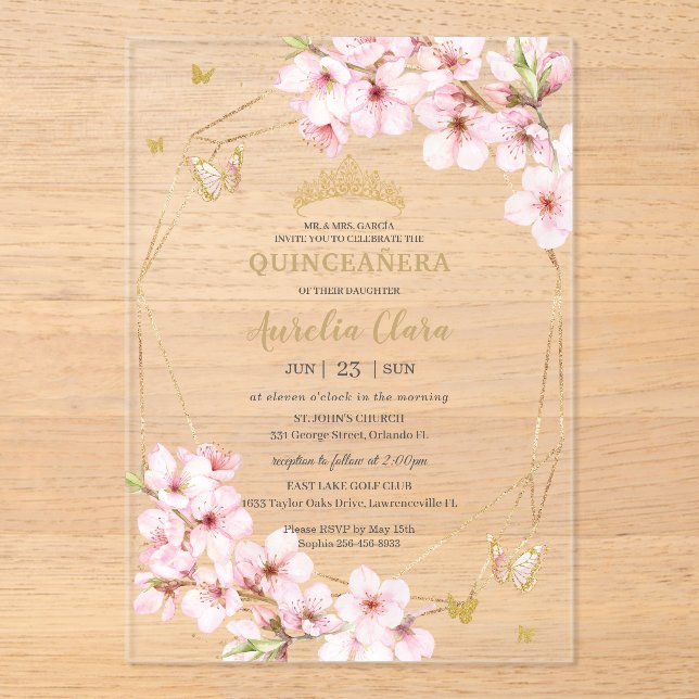 Chic Cherry Blossoms Floral Quinceañera Sweet 16 Acrylic Invitations (Front)