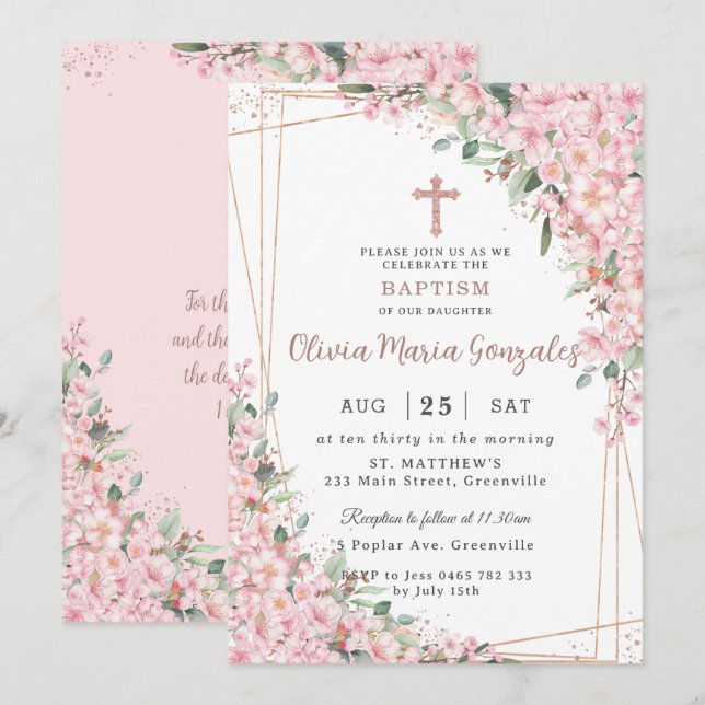 Chic Cherry Blossoms Rose Gold Christening Baptism Invitation (Front/Back)