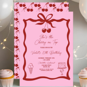 Chic Cherry on Top Bow Pink and Red Birthday Invitation