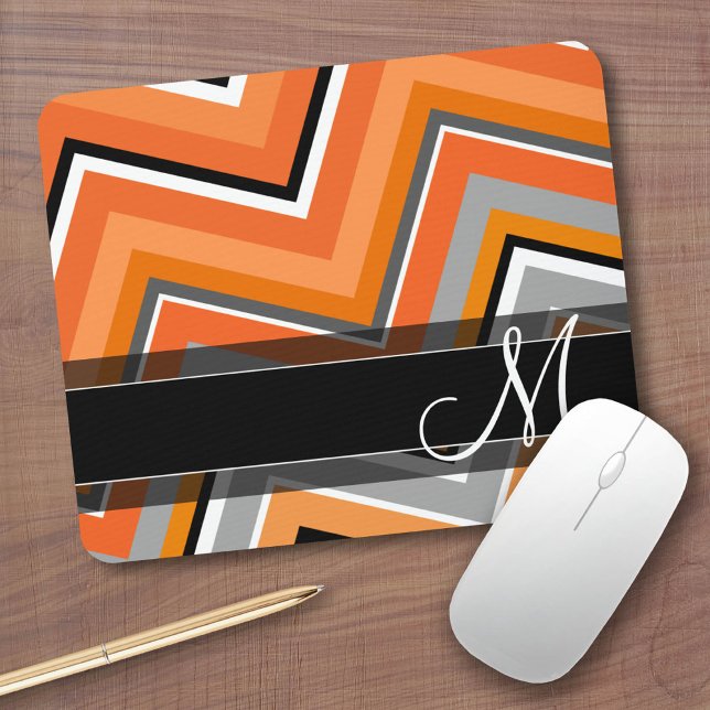 Chic Chevron Pattern Black Grey Orange Monogram Mouse Mat (Custom Mousepad)