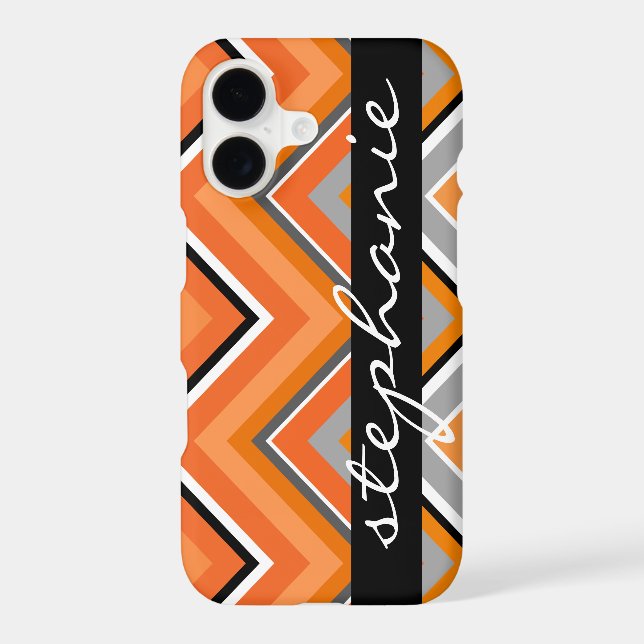 Chic Chevron Pattern Black Grey Orange script Name (Back)