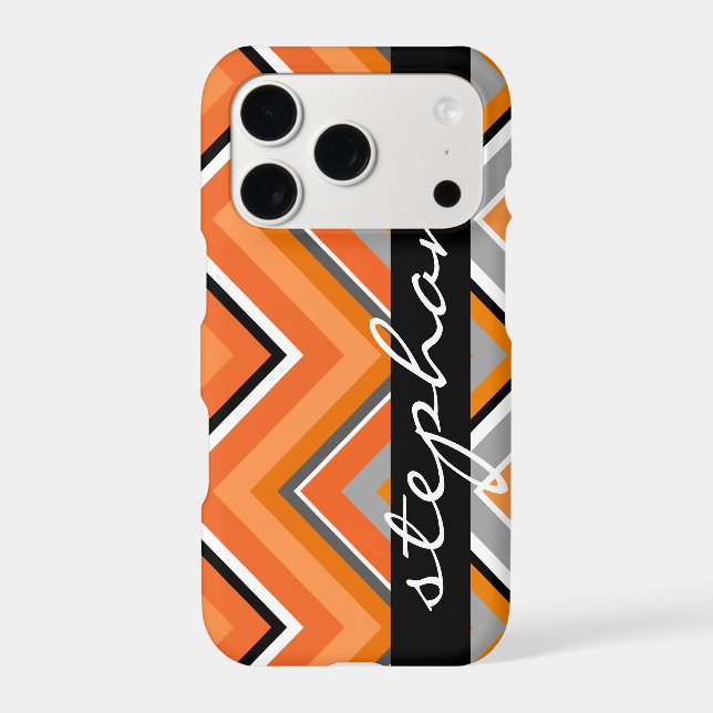 Chic Chevron Pattern Black Grey Orange script Name (Back)