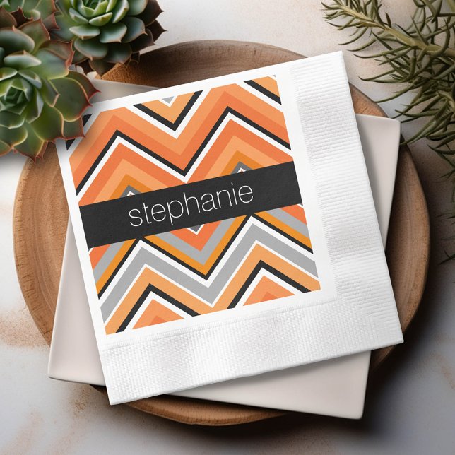 Chic Chevron Pattern Black Grey Orange with Name Napkin (Custom Party Napkins)