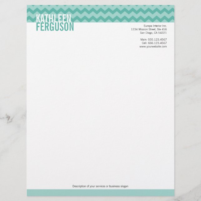 Chic chevron pattern teal blue two tone stylish customized letterhead (Front)