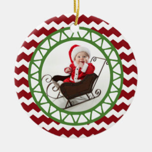 Chic Chevron Red Green Christmas Photo Ornament