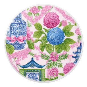 Chic Chinoiserie Hydrangea Pagoda Mahjong Ceramic Knob