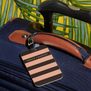 Chic Chocolate Brown & Blush Pink Stripes Custom Luggage Tag