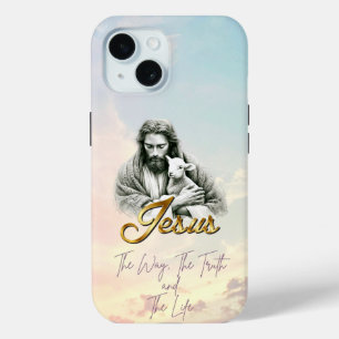 Chic Christian Pastel Sky Jesus Lamb Gold Script iPhone 15 Case