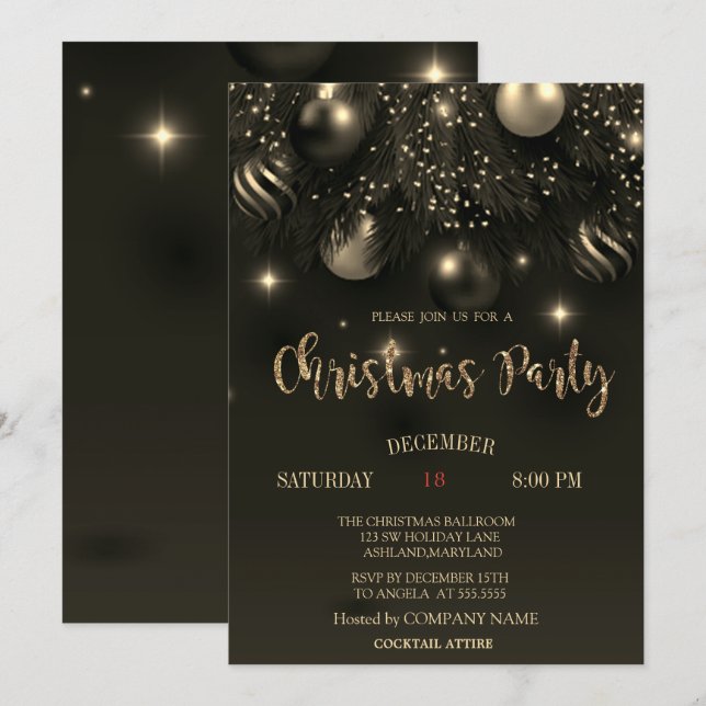 Chic Christmas Balls Black Christmas Company Party Invitation (Front/Back)