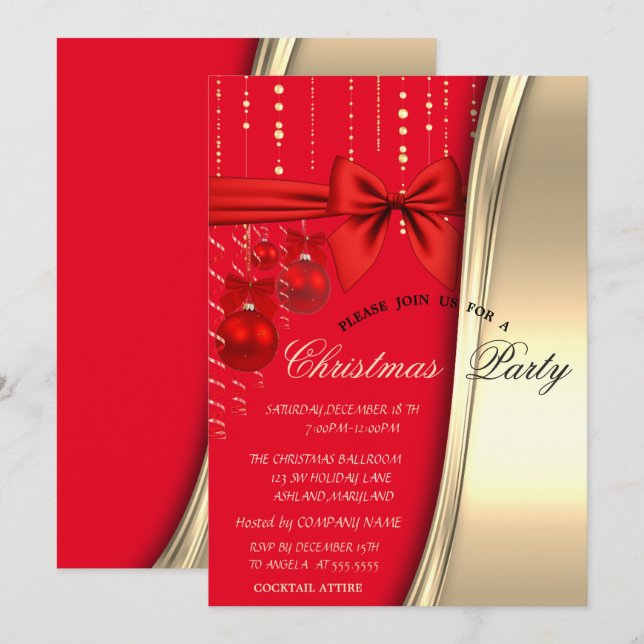 Chic Christmas Balls,Bow,Gold Corporated Party  Invitation (Front/Back)