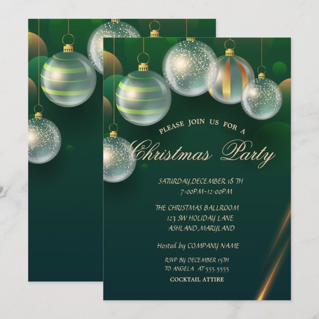 Chic Christmas Balls Green Christmas Party Invitation (Front/Back)