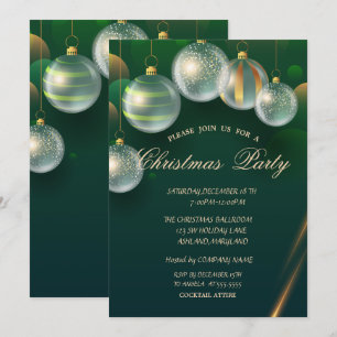 Chic Christmas Balls Green Christmas Party Invitation