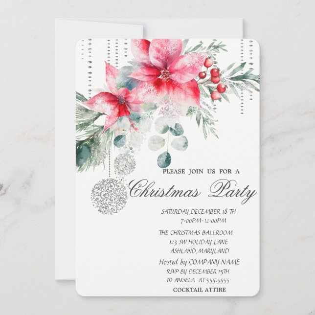 Chic Christmas Balls,Poinsettia Christmas Party Invitation (Front)
