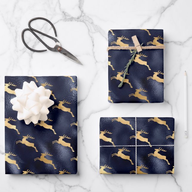 Chic Christmas Deer Pattern Navy Blue Gold Foil Wrapping Paper Sheet (Front)