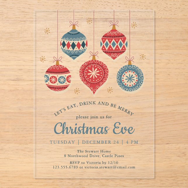 Chic Christmas Eve Dinner Ornament Acrylic Invitations (Front)
