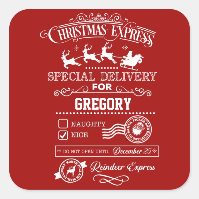 Chic Christmas Express Special Delivery Monogram Square Sticker (Front)