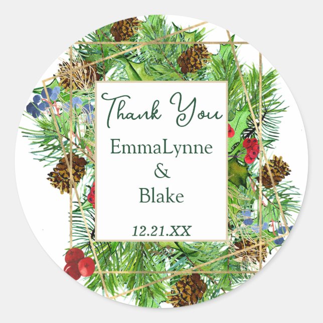 Chic Christmas Greenery Thank You Wedding Sticker (Front)