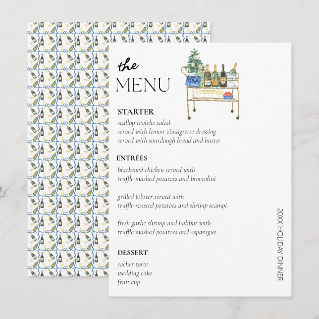 Chic Christmas Holiday Bar Cart Dinner Party Menu  (Front/Back)