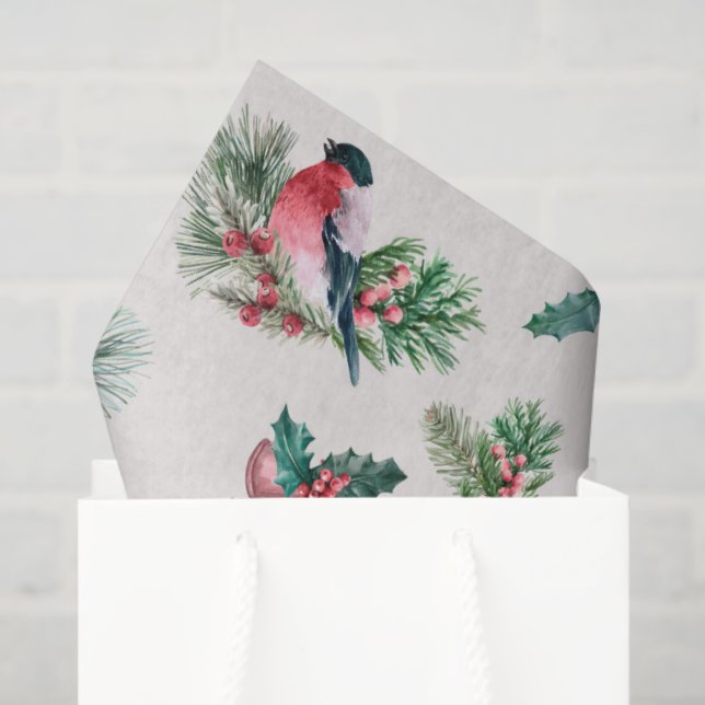 Chic Christmas Holiday Bullfinch Pine Holly Tissue Paper (Gift Bag)
