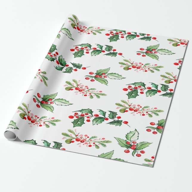 Chic Christmas Holly Berries Holiday Wrapping Paper (Unrolled)