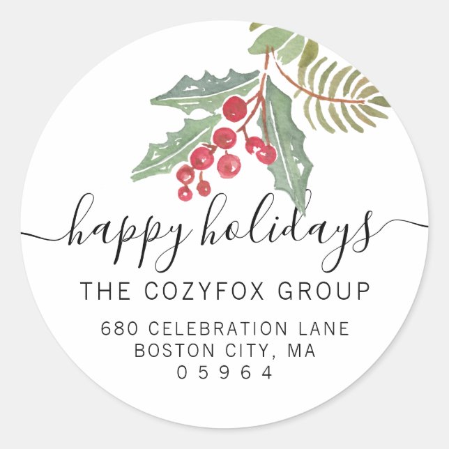 Chic Christmas Holly Berry Address Classic Round Sticker (Front)