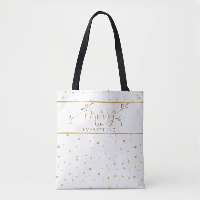 Chic Christmas Merry Everything Gold and White Tote Bag (Front)