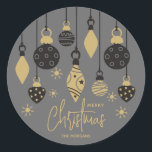 Chic Christmas Ornaments on Grey  Classic Round Sticker<br><div class="desc">Black and gold Christmas tree ornaments and snowflakes on a grey background highlight these holiday stickers with your name and Merry Christmas in chic lettering. Perfect for your personal or business holiday parties. MATCHING items in our collection.</div>