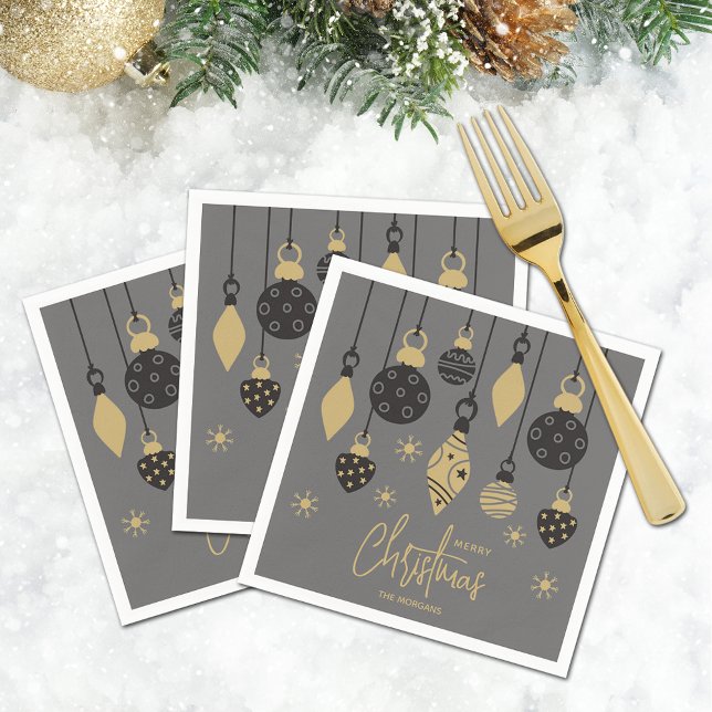 Chic Christmas Ornaments on Grey  Napkin (Chic Merry Christmas tree ornaments on grey personalized cocktail napkins)