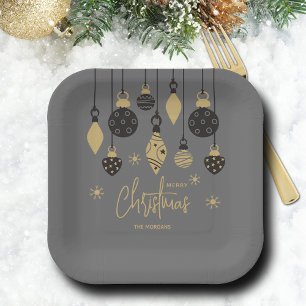 Chic Christmas Ornaments on Grey  Paper Plate