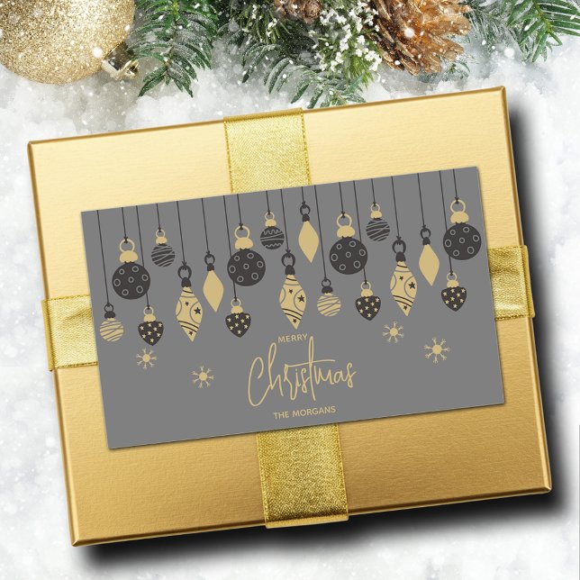 Chic Christmas Ornaments on Grey  Rectangular Sticker (Chic black and gold Christmas tree ornaments on grey square 4.25" x 2.7" rectangle stickers)