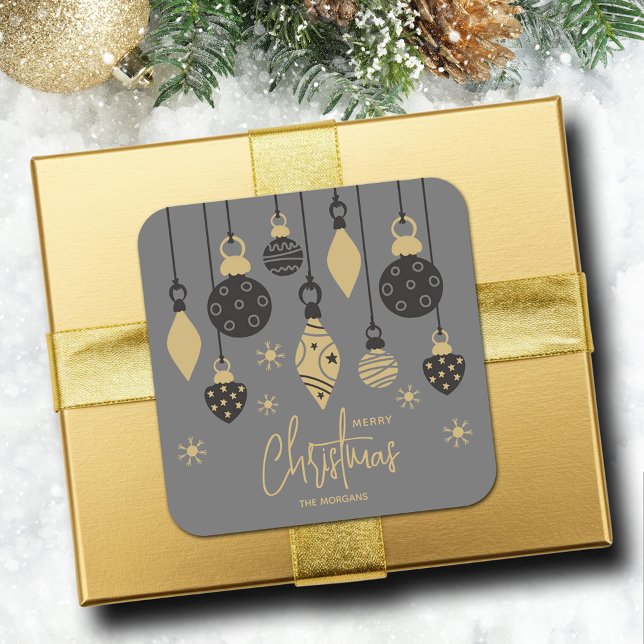 Chic Christmas Ornaments on Grey  Square Sticker (Chic black and gold Christmas tree ornaments on grey square 3" sticker (1-1/2" available, too))