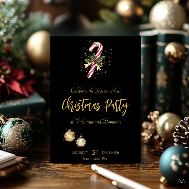Chic Christmas Party with Candy Cane on Black Invitation (Creator Uploaded)