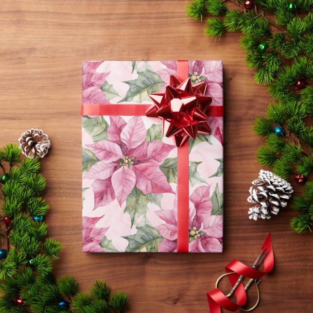 Chic Christmas Pink Poinsettia Floral Wrapping Paper (Holiday Gift)