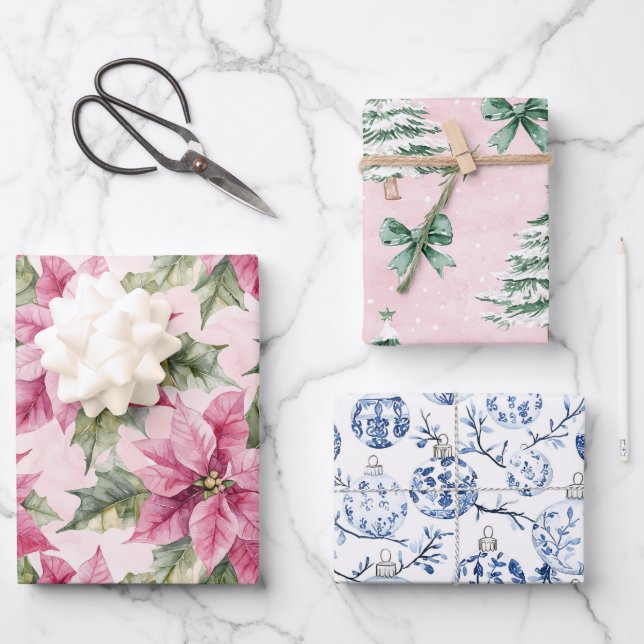 Chic Christmas Pink Poinsettia Floral Wrapping Paper Sheet (Front)