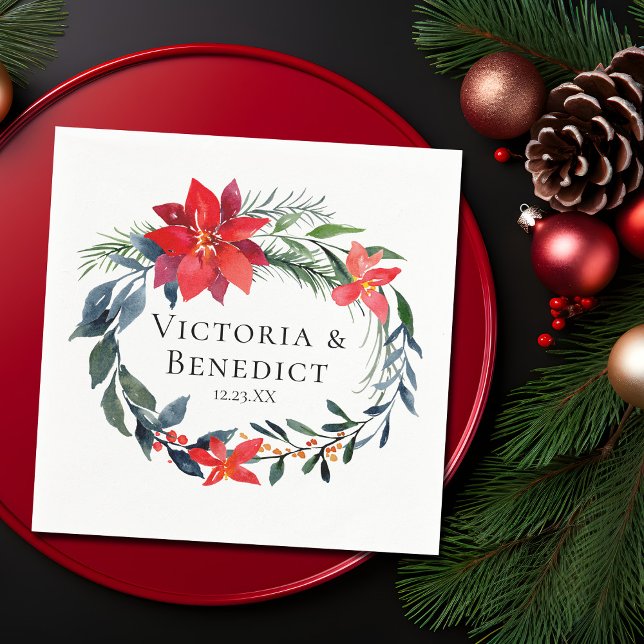 Chic Christmas Poinsettia Floral Wreath Wedding Napkin (Creator Uploaded)