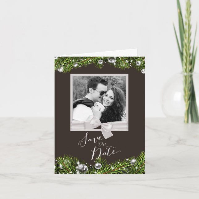 Chic Christmas Save the Date with Christmas Greens Holiday Card (Front)